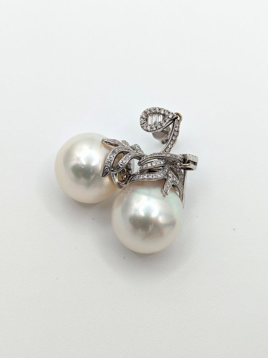 White Gold Cultured Pearl and Diamond Earrings